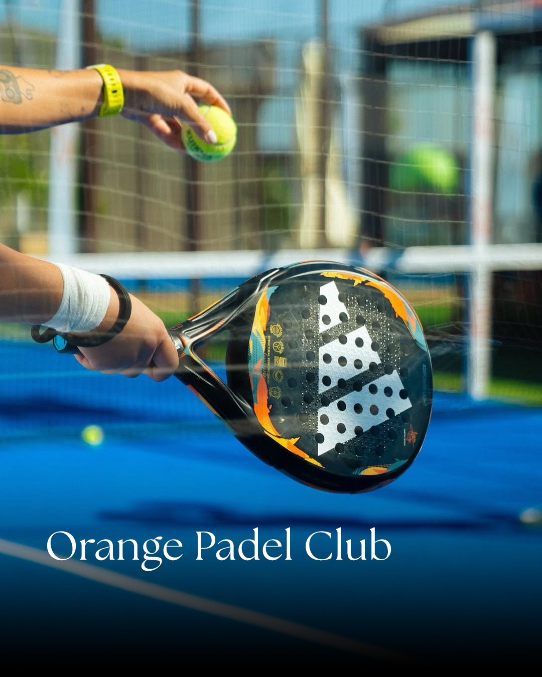 Orange Padel Club kortunda raket ve top tutan oyuncu.